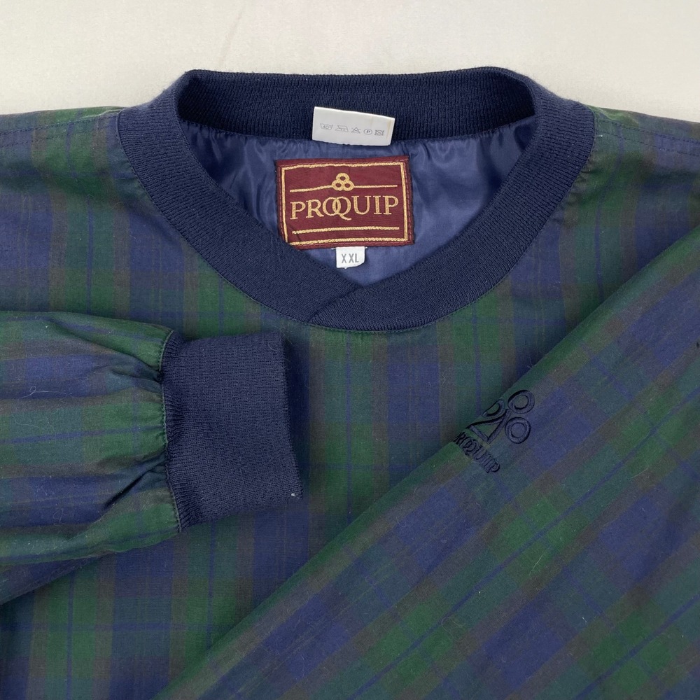 ProQuip Mens XXL Golf Windshirt Pullover Plaid Navy Green Crew Neck Lined Vtg